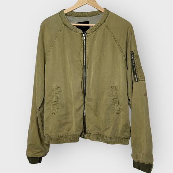 Sanctuary Pilot Bomber Jacket Large Safari Green Full Zip Linen Blend Zip Pocket - Picture 1 of 7